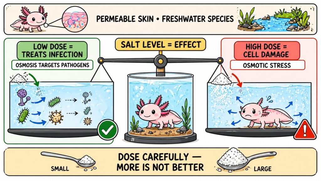 how low-dose aquarium salt helps fight infection through osmosis while high salt concentrations harm axolotls by causing cellular dehydration and gill damage.