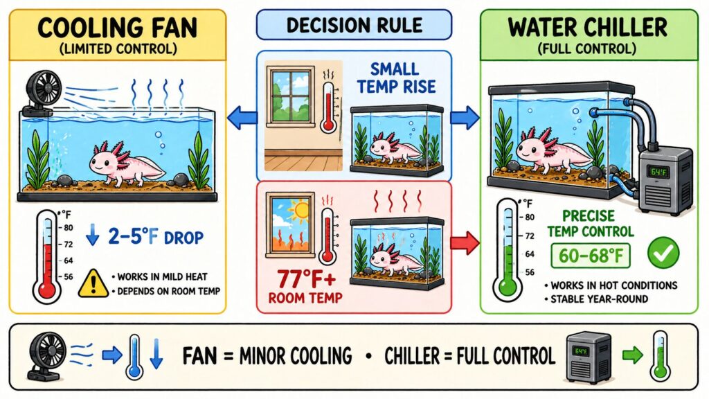 Comparison of axolotl water chiller and cooling fan showing difference in temperature control effectiveness
