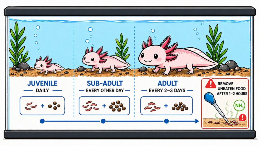 Axolotl feeding schedule showing how often to feed juveniles sub adults and adult axolotls