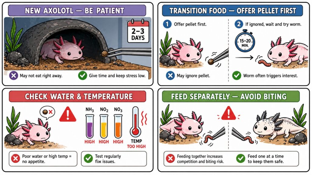 Axolotl feeding situations showing new axolotl not eating food being wriggled and multiple axolotls fed separately