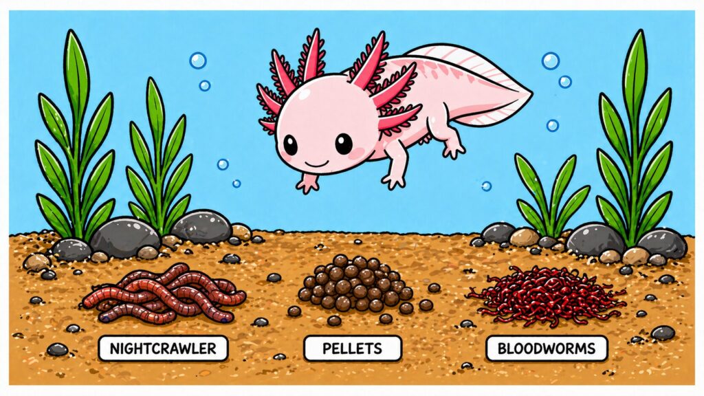 Axolotl food categories showing nightcrawlers sinking pellets and bloodworms as main feeding options