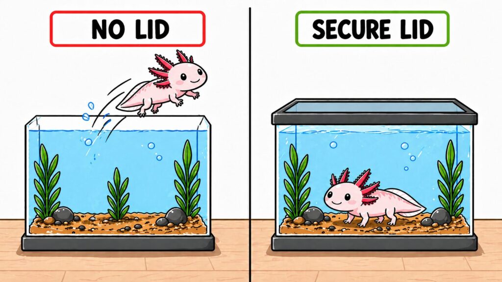 Axolotl jumping out of an open tank compared to a tank with a secure lid preventing escape