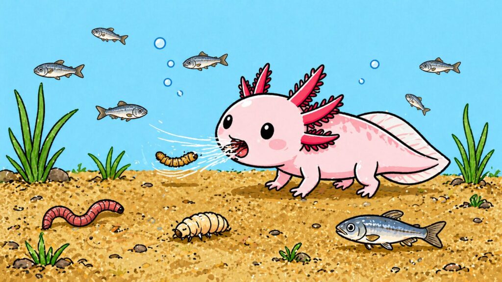 Axolotl natural diet showing worms insect larvae and small fish being captured using suction feeding