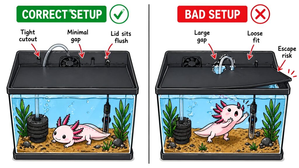 Axolotl tank lid with cutouts for filter tubing air lines thermometer probe and cooling fan fitted securely