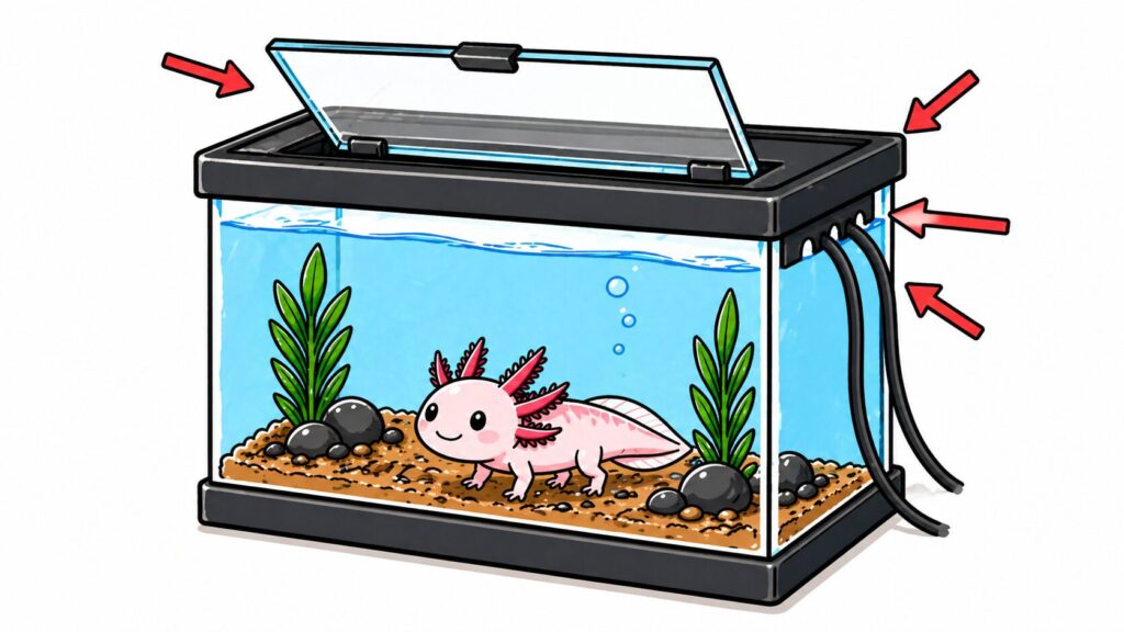 Axolotl tank lid features showing secure fit ventilation cutouts easy access openings and space for equipment
