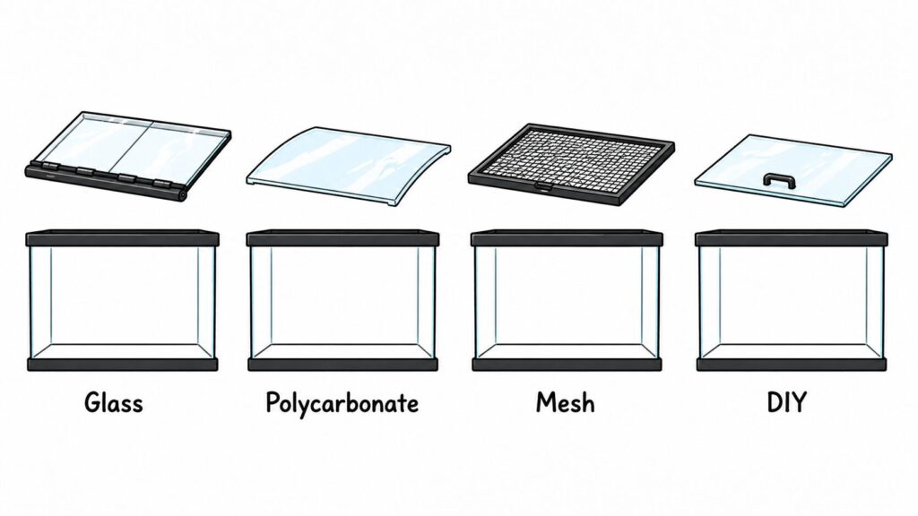 Different axolotl tank lid types including hinged glass canopy polycarbonate lid mesh lid and custom diy glass lid