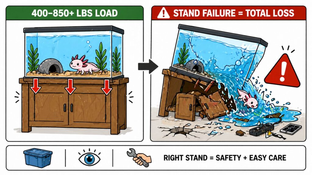 Comparison of weak tank stand collapsing versus strong stand safely supporting axolotl aquarium