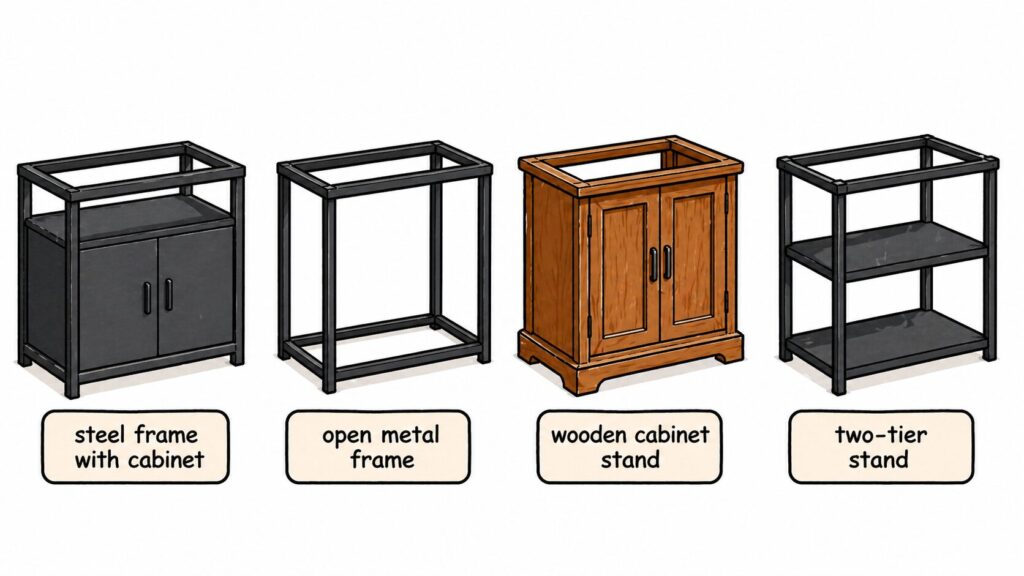 Different axolotl tank stand types including steel frame cabinet open frame wooden stand and two tier design