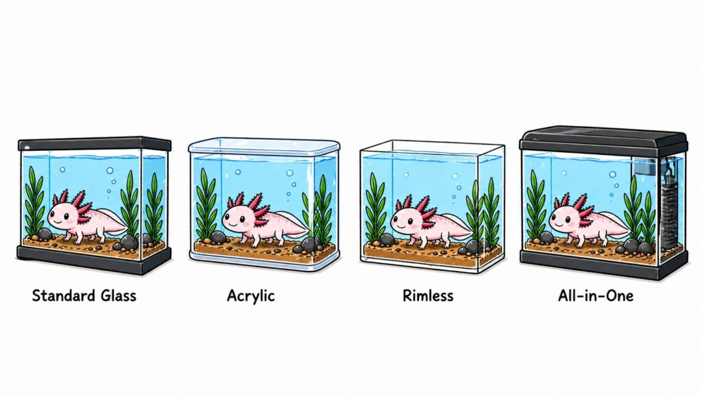 Different axolotl tank types including standard glass aquarium acrylic tank rimless tank and all in one aquarium
