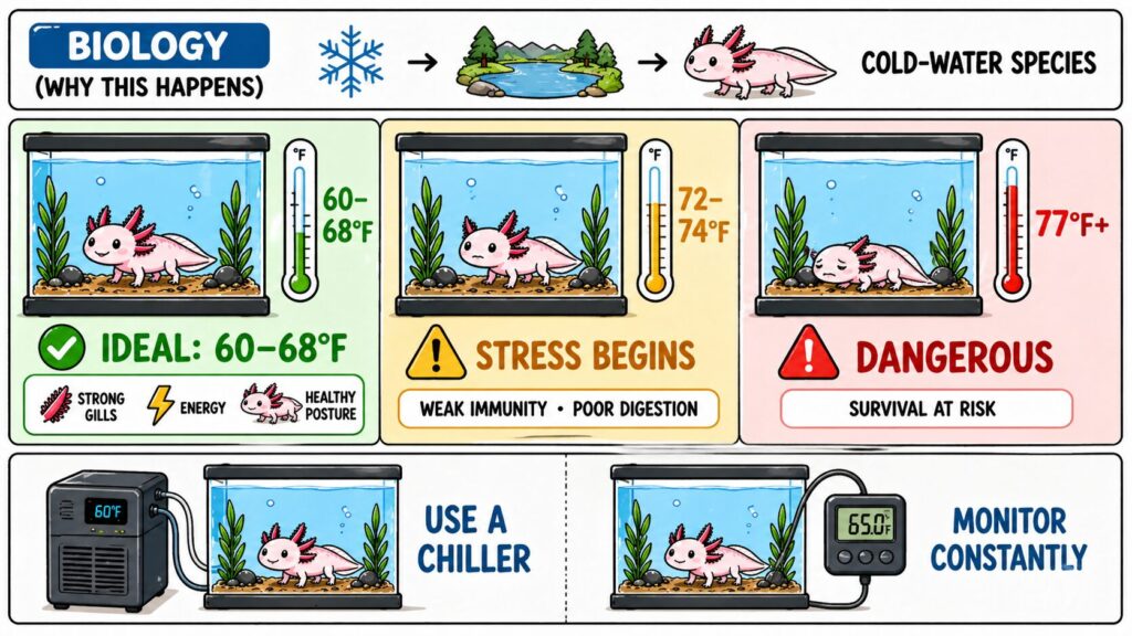 Axolotl temperature range showing safe zone warning levels and dangerous heat stress conditions