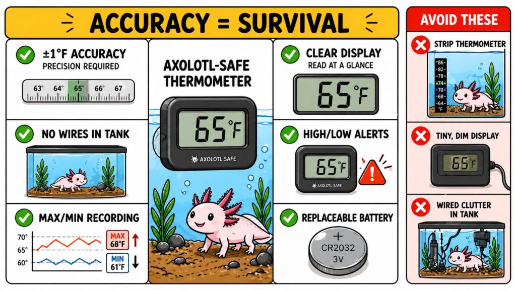 Axolotl thermometer features showing clear display accurate reading and external sensor design