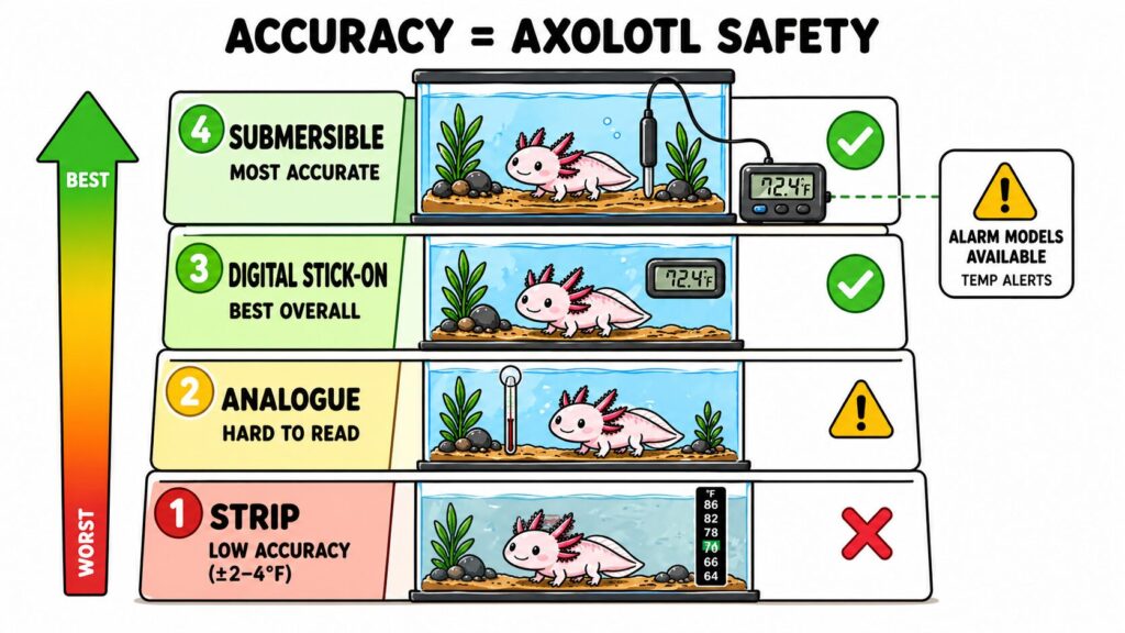 Different axolotl tank thermometer types including digital stick on probe thermometer strip and analogue models