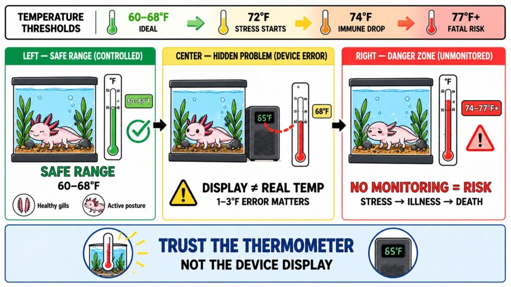 Difference between chiller display and actual tank thermometer reading showing importance of accurate measurement
