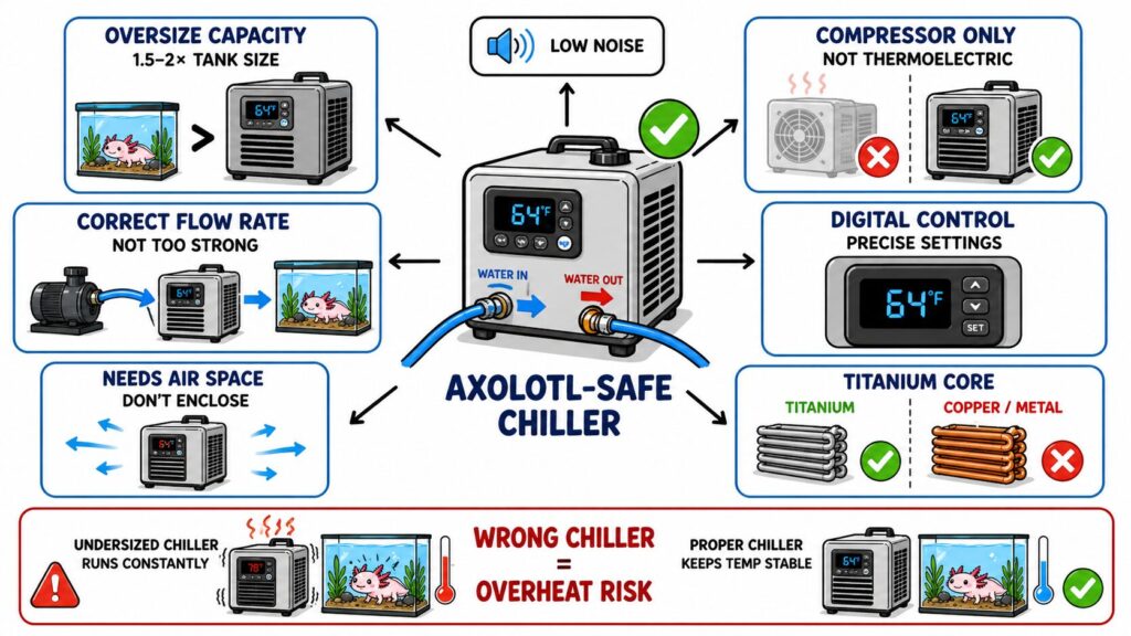 Axolotl water chiller features showing digital thermostat airflow vents and water flow connections