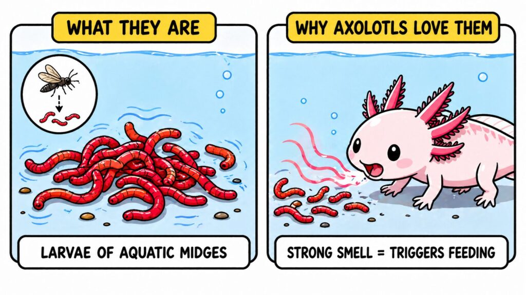 Bloodworms larva attracting axolotl showing scent and feeding response behavior
