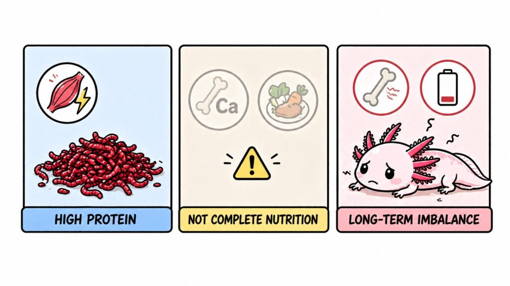 Bloodworms nutritional balance showing high protein but missing essential nutrients for axolotl diet