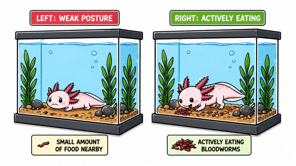 Bloodworms helping stimulate appetite in axolotl showing weak versus feeding response