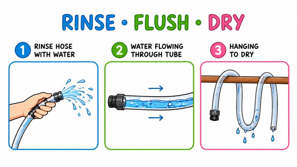 Cleaning aquarium siphon hose by rinsing and drying after use to maintain safe tank equipment
