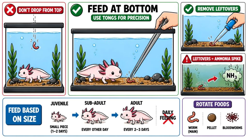 Feeding axolotl nightcrawler pieces using tongs placing food directly on substrate