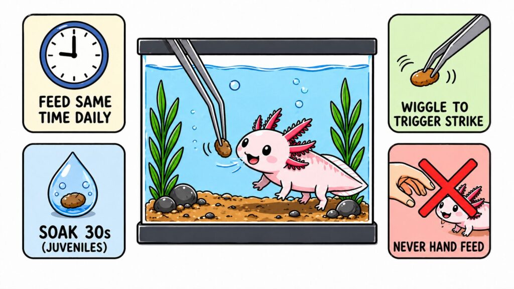 Feeding axolotl using tongs to place food near the mouth and prevent uneaten food in the tank