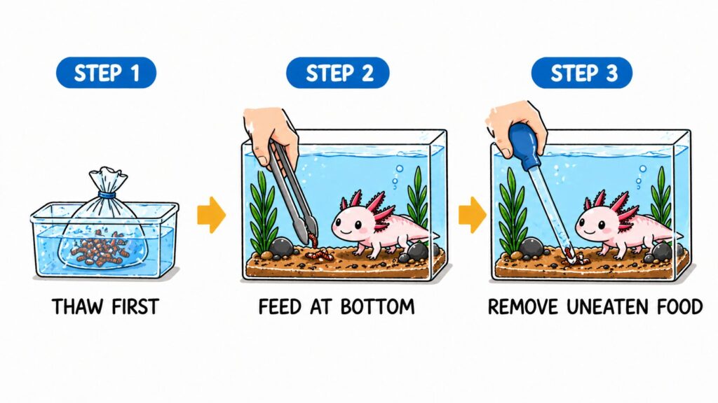Feeding bloodworms to axolotl using tongs placing food on substrate for proper feeding