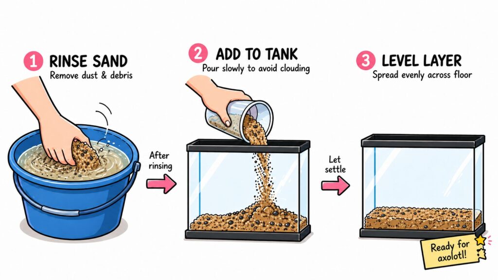Preparing axolotl substrate showing rinsing sand and adding it evenly to the tank floor