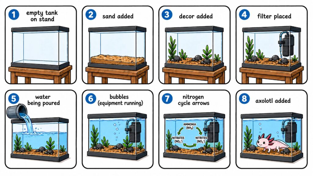 Step by step guide to setting up an axolotl tank including substrate decor filtration water filling cycling and adding axolotl