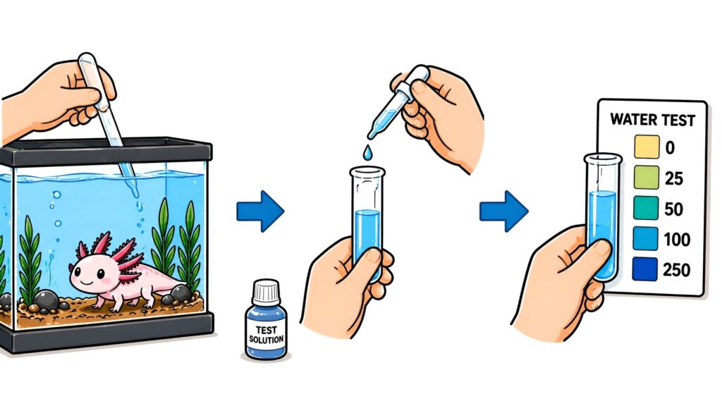 How to test axolotl tank water showing sample collection adding reagents and comparing results to color chart