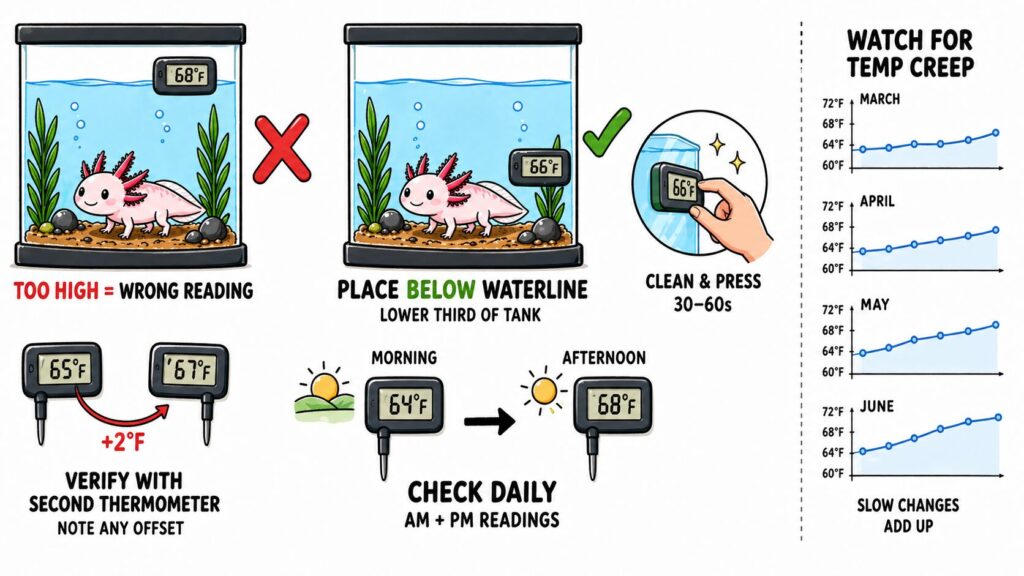 Installing axolotl tank thermometer correctly below waterline to ensure accurate readings