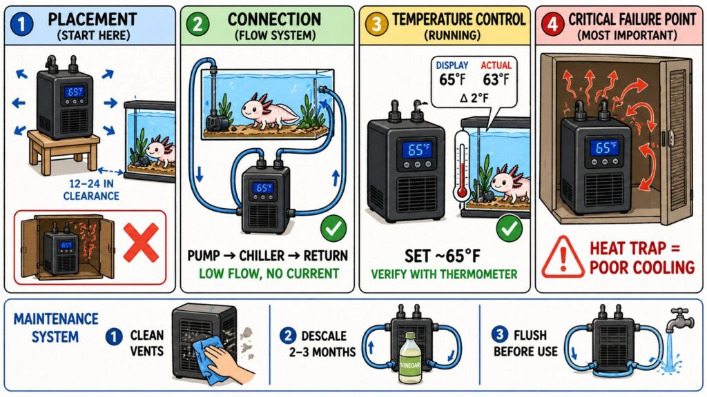 Installing axolotl water chiller showing water flow from tank through pump and chiller and back