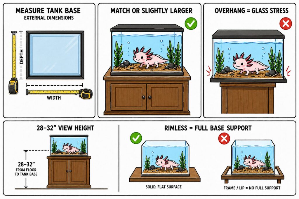 Measuring axolotl tank base dimensions to choose correct stand size and full support footprint