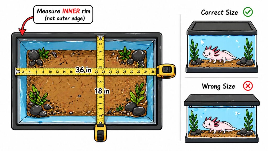 Measuring axolotl tank internal dimensions to choose the correct lid size for a 40 gallon breeder tank