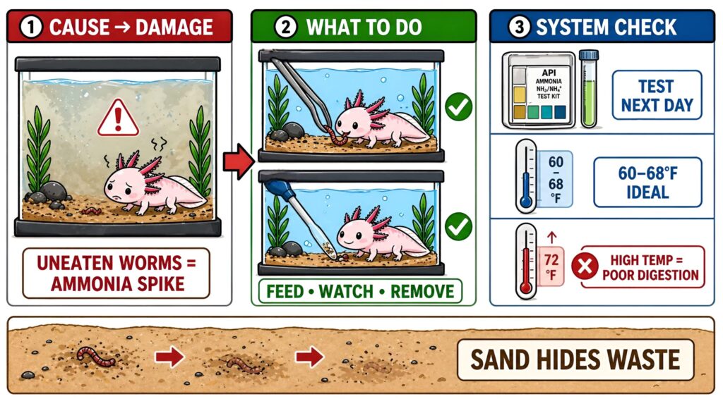 Uneaten nightcrawler causing ammonia buildup and poor water quality in axolotl tank
