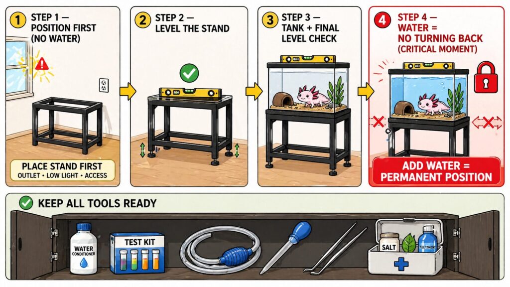 Setting up axolotl tank stand showing leveling feet adjustment and placing aquarium securely on top