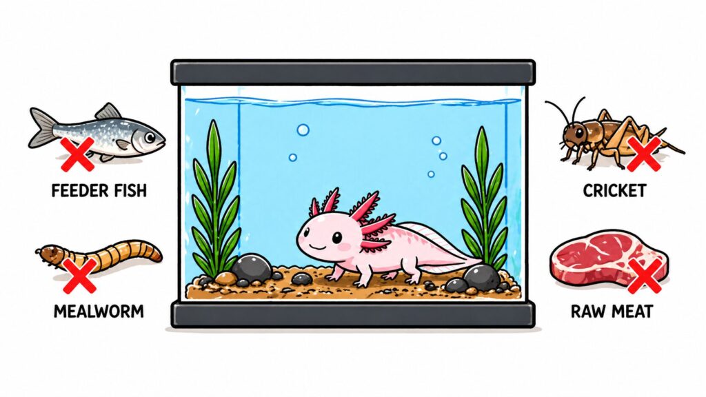 Foods unsafe for axolotls including feeder fish mealworms crickets and raw meat marked as harmful