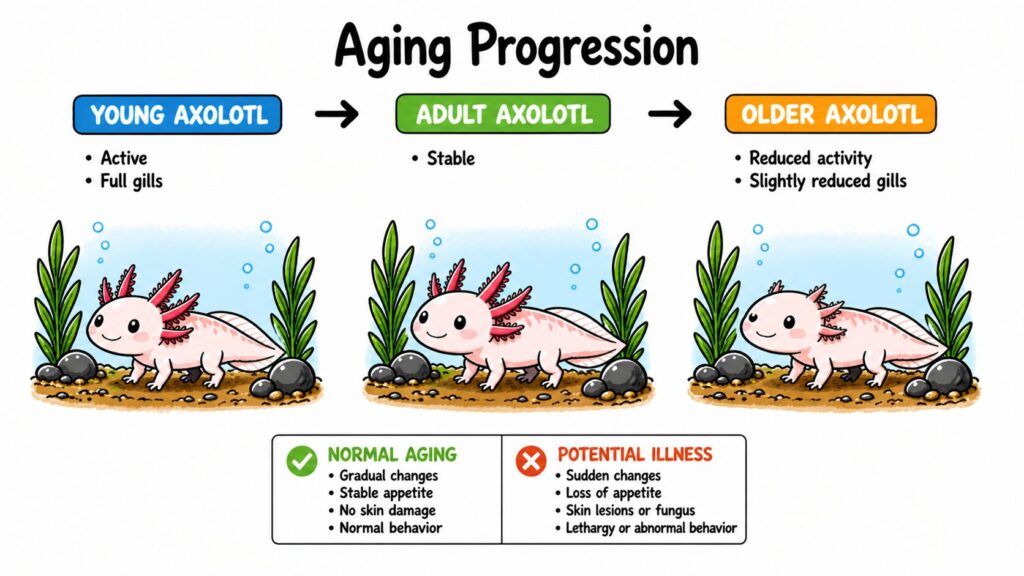 Axolotl aging showing changes in activity appetite and gill appearance over time