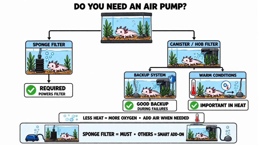 Decision diagram showing when an axolotl tank needs an air pump based on filtration type, with sponge filters requiring it and other setups benefiting as backup or in warm conditions.