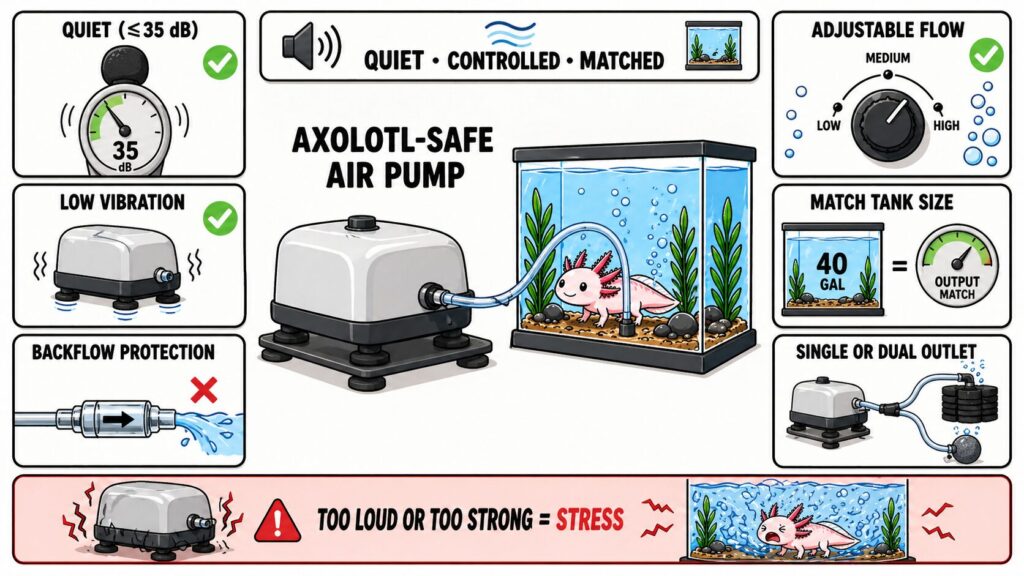 Visual showing key features of the best axolotl air pump including quiet operation, adjustable airflow, correct tank sizing, dual outlets, check valve protection, and vibration reduction.
