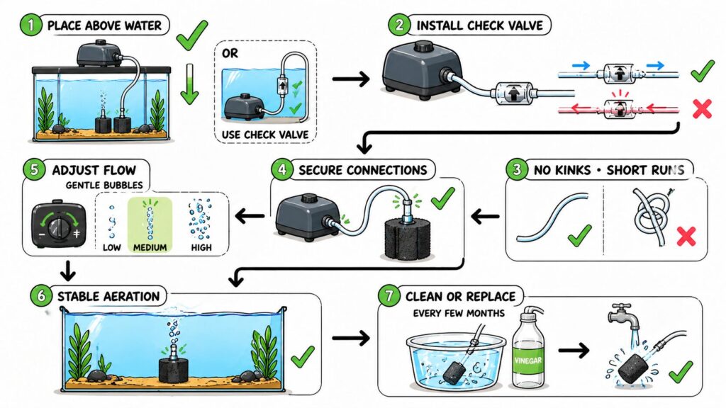 Cutaway side view of an axolotl tank setup showing air pump placement above water, tubing path with check valve, connection to sponge filter, airflow adjustment, and maintenance points.