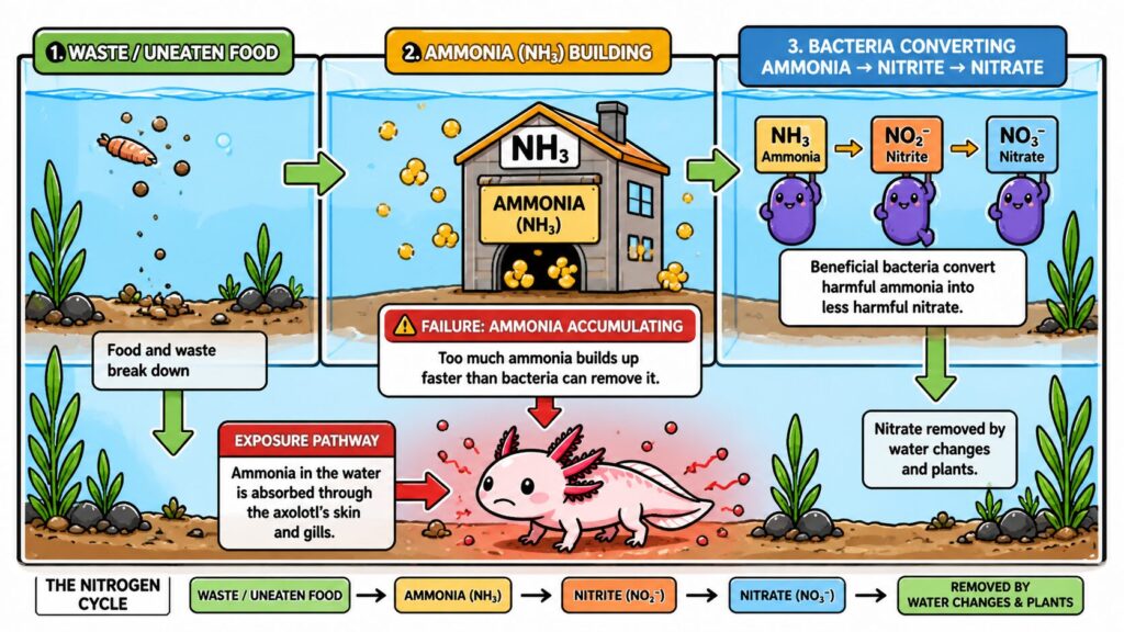 Ammonia buildup in axolotl tank showing nitrogen cycle failure and toxin exposure through gills and skin