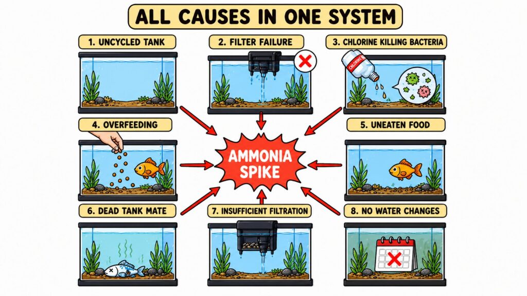 Causes of ammonia spike in axolotl tank including cycling failure feeding and filtration issues