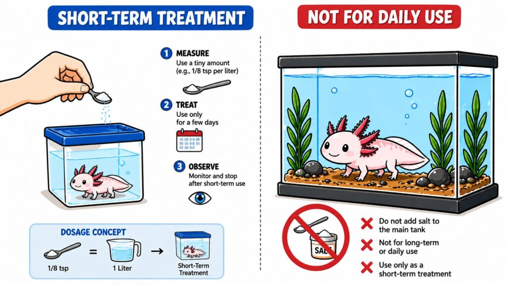 Aquarium salt used in treatment container but not in main axolotl tank showing limited use