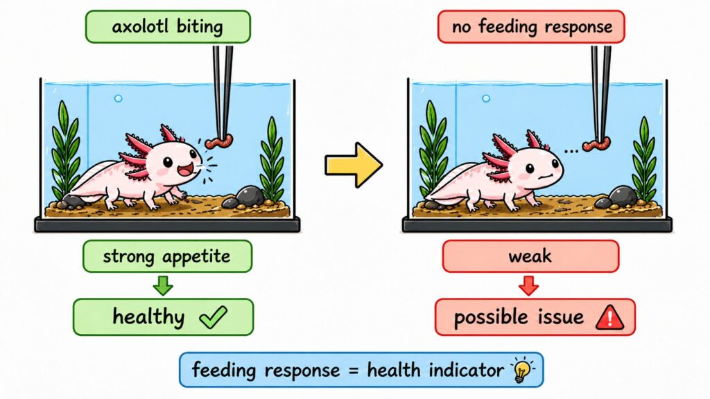 Axolotl biting showing healthy feeding response versus lack of appetite indicating problem