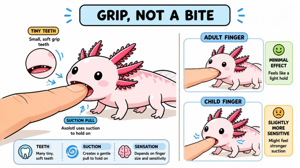 Axolotl bite sensation showing suction grip and small teeth with minimal pain