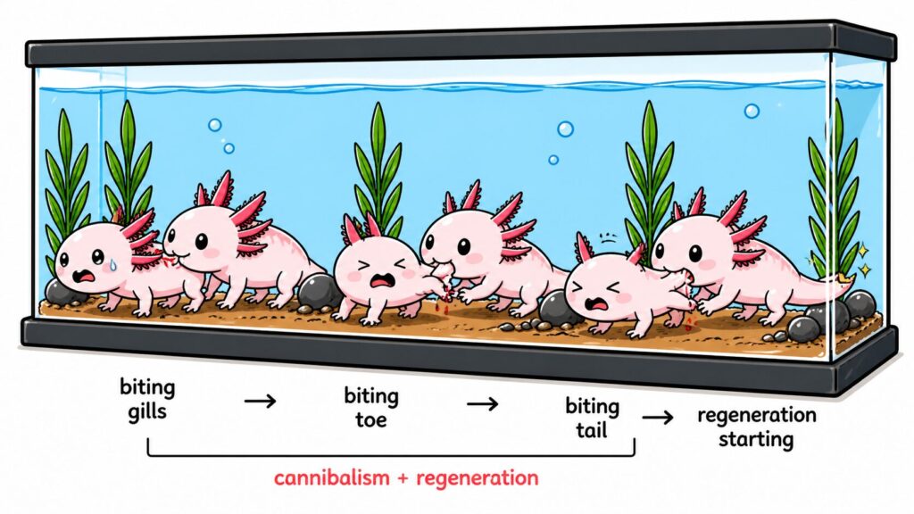 Axolotl biting another axolotl showing gill and limb targeting with regeneration