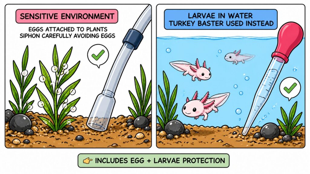 Cleaning axolotl breeding tank showing careful siphoning around eggs and larvae protection