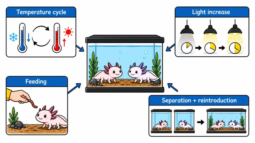 Axolotl breeding triggers showing temperature cycling increased light feeding and separation before mating