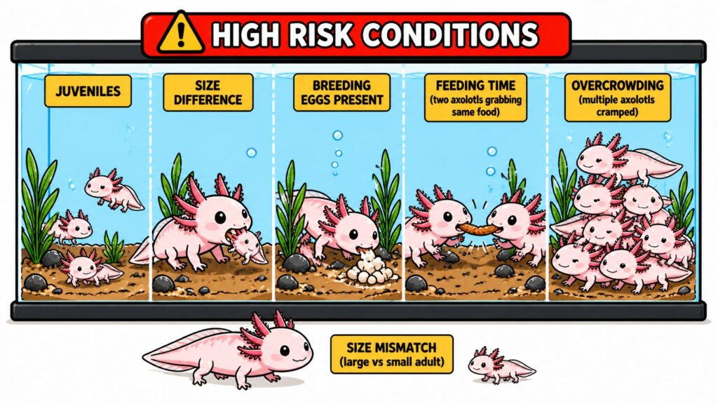 Axolotl cannibalism triggers including juveniles breeding feeding competition overcrowding and size mismatch