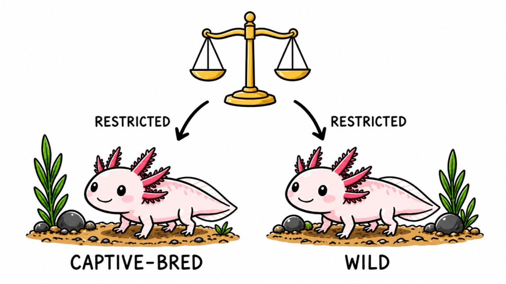 Comparison showing captive bred and wild axolotls treated the same under certain laws