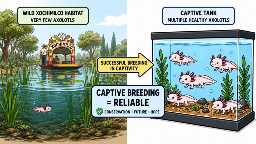 Axolotl breeding comparison showing low wild population and reliable captive breeding success
